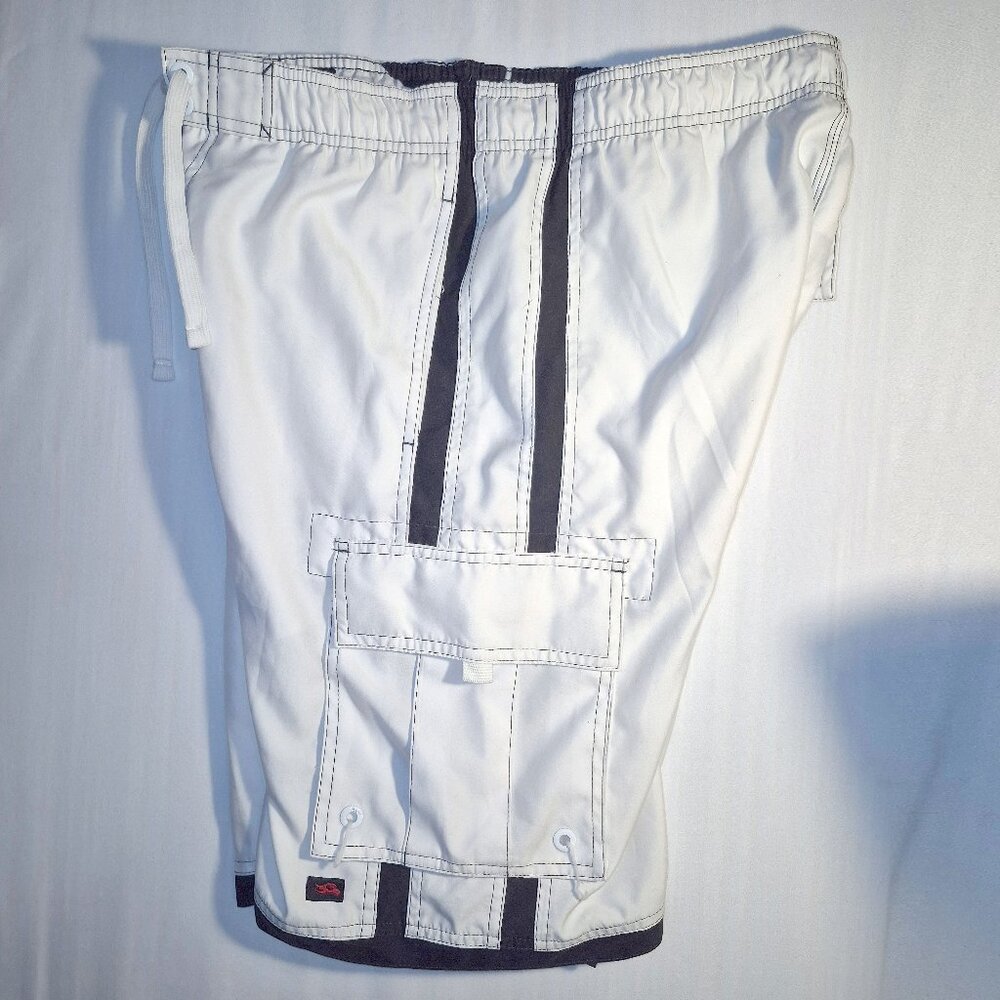 Hawk cargo style board shorts/ trunks w/net lining, white and blue in size small